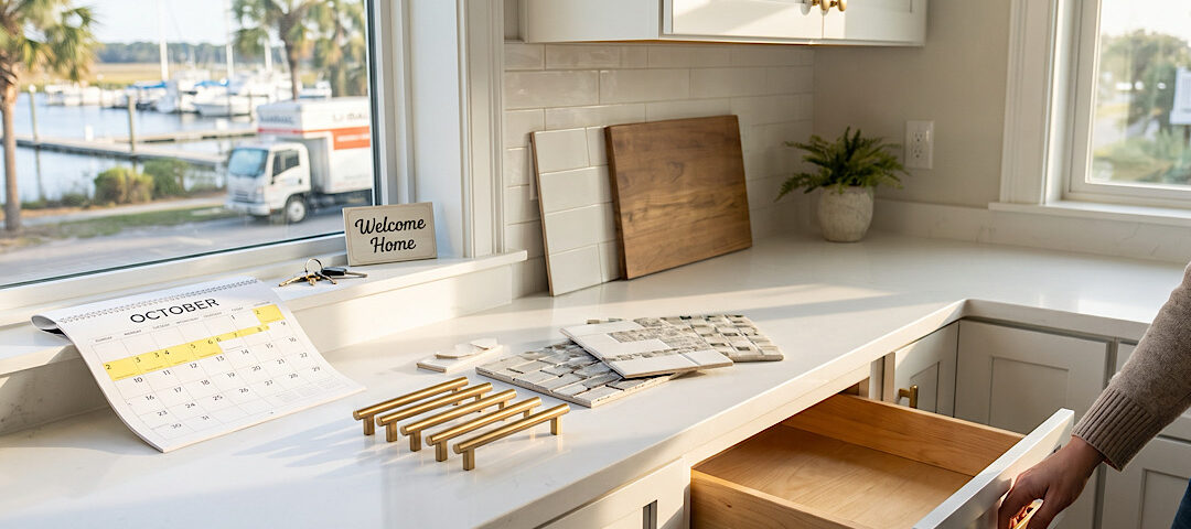 An interior view of a modern kitchen with white shaker cabinets and quartz countertops. A person is opening a lower drawer next to design samples of gold cabinet hardware and diverse backsplash tiles. On the counter, an October calendar and a 'Welcome Home' sign are visible, with a marina and a moving truck in the background in Little River or NMB, SC