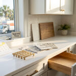 An interior view of a modern kitchen with white shaker cabinets and quartz countertops. A person is opening a lower drawer next to design samples of gold cabinet hardware and diverse backsplash tiles. On the counter, an October calendar and a 'Welcome Home' sign are visible, with a marina and a moving truck in the background in Little River or NMB, SC