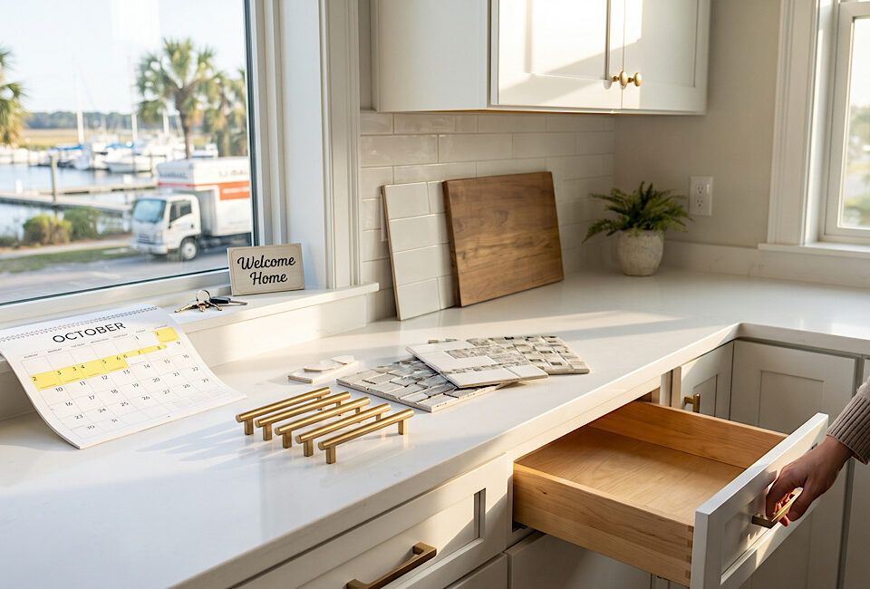 An interior view of a modern kitchen with white shaker cabinets and quartz countertops. A person is opening a lower drawer next to design samples of gold cabinet hardware and diverse backsplash tiles. On the counter, an October calendar and a 'Welcome Home' sign are visible, with a marina and a moving truck in the background in Little River or NMB, SC